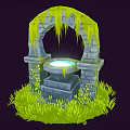 Cartoon Scene Of Moss Covered Stone Arch With Glowing Pool On Pedestal And Green Grass