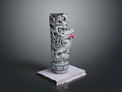 Intricate Carved Dragon Stone Pillar With Square Base And Red Bead 3d model