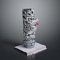 Intricate Carved Dragon Stone Pillar With Square Base And Red Bead