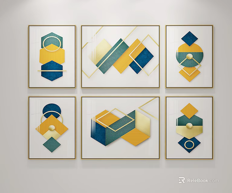 Modern Abstract Geometric Wall Art With Blue Yellow Green Patterns And Gold Frames 3d model