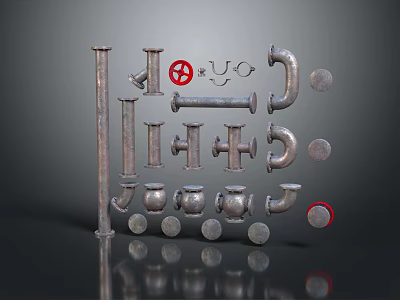 Various Types of Metal Pipe Fittings with Elbows Tees Flanges and Valves 3d model