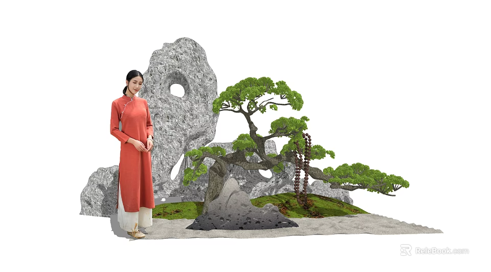 Elegant Garden Ornament Featuring Shaped Pine Tree Gray Porous Rocks And Mossy Ground 3d model 