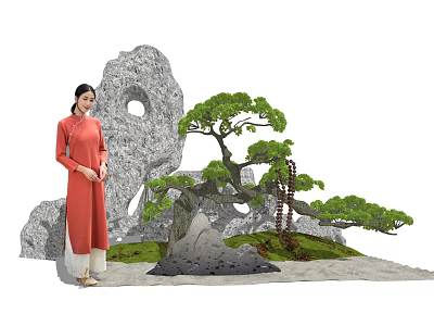 Elegant Garden Ornament Featuring Shaped Pine Tree Gray Porous Rocks And Mossy Ground 3d model
