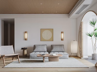 Natural Living Room Interior With Gray Sofa Wooden Coffee Table Decorative Painting And Wall Lamps 3d model