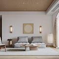 Natural Living Room Interior With Gray Sofa Wooden Coffee Table Decorative Painting And Wall Lamps