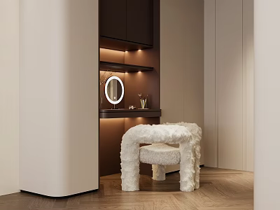 Modern Dressing Table With Round Mirror White Fluffy Stool And Warm Lighting 3d model