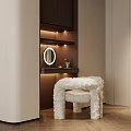 Modern Dressing Table With Round Mirror White Fluffy Stool And Warm Lighting