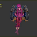Steampunk Female Character with Red Hair Goggles and Mechanical Wings in Red and Yellow Outfit