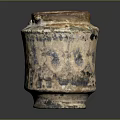 Ancient Ceramic Jar With Weathered Glaze Blue White Patterns Cylindrical Body Sturdy Base Wide Opening