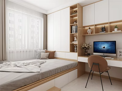 Modern Tatami Bedroom Interior With Storage Cabinets Bookshelves And Study Desk 3d model