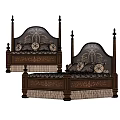 Wooden Four Poster Double Bed With Carved Headboard White Pillows And Fringe