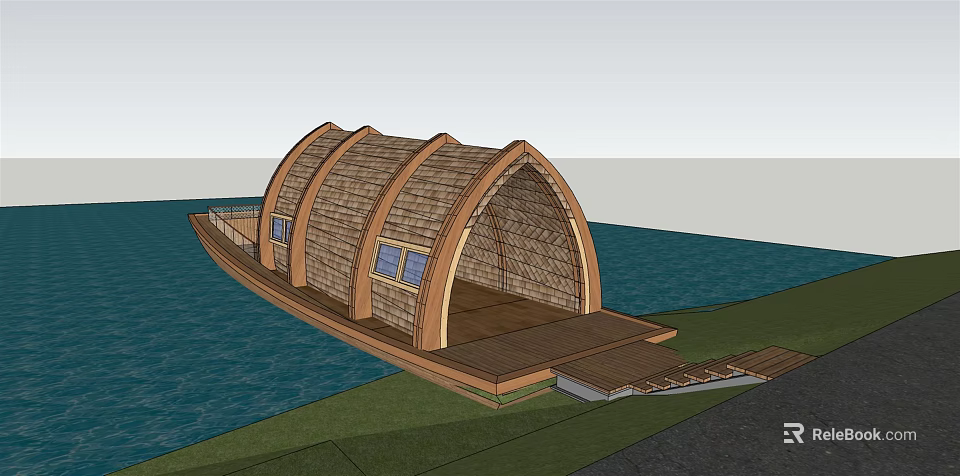 Wooden Boathouse With Arched Thatched Roof Windows Platform Connecting To Land Near Water Grass 3d model 