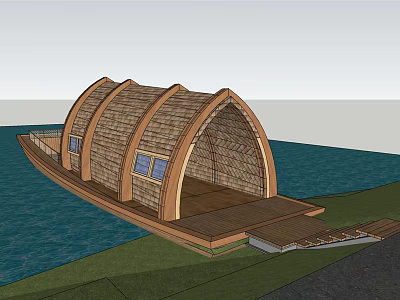 Wooden Boathouse With Arched Thatched Roof Windows Platform Connecting To Land Near Water Grass 3d model
