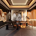 Elegant Club Interior With Traditional Wooden Decor Tea Sets Display And Red Accent Walls