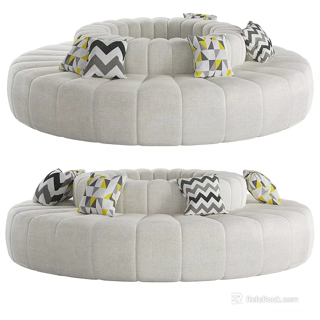 Circular Multi Seat Sofa With Light Gray Upholstery And Geometric Pattern Pillows 3d model 