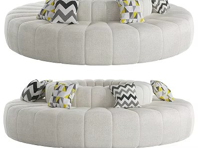 Circular Multi Seat Sofa With Light Gray Upholstery And Geometric Pattern Pillows 3d model
