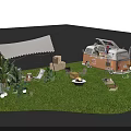 Garden Landscape Design With White Tent Food Truck Teepee Green Plants Lawn Seating Area
