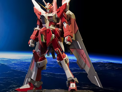 Red Gundam Model Figure With White Gray Details Standing In Space Earth Background 3d model