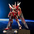 Red Gundam Model Figure With White Gray Details Standing In Space Earth Background