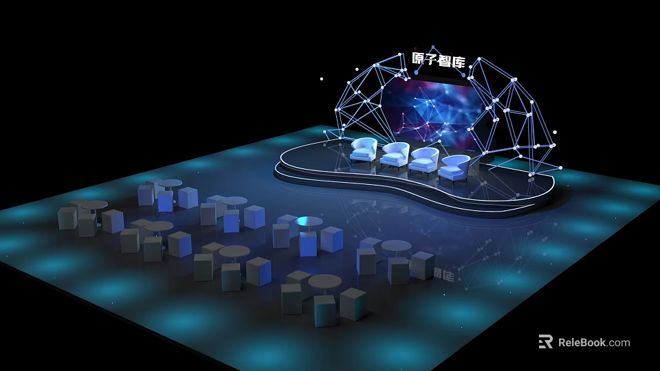 Quantum Theater Stage With Geometric Structure Blue Lighting And Seats Arrangement 3d model 