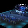 Quantum Theater Stage With Geometric Structure Blue Lighting And Seats Arrangement
