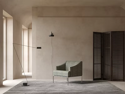 Light Gray Fabric Single Sofa In Minimalist Room With Floor Lamp And Wooden Folding Screen 3d model