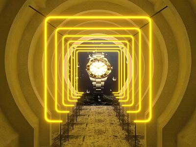 Event Passage With Yellow Neon Lights And Central Clock Tunnel View 3d model