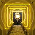 Event Passage With Yellow Neon Lights And Central Clock Tunnel View