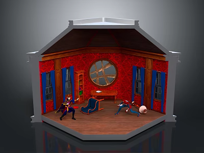 Miniature Stage Scene With Red Walls Wooden Floor Circular Window And Furniture 3d model