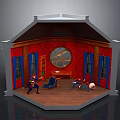 Miniature Stage Scene With Red Walls Wooden Floor Circular Window And Furniture
