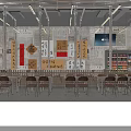 Modern Industrial Restaurant Interior With Long Tables Chairs Metal Pipe Ceiling And Wooden Partitions