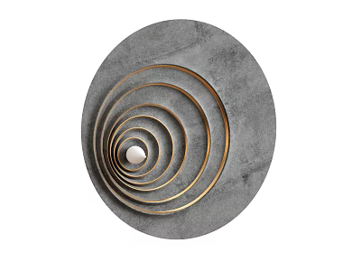 Circular Gray Textured Wall Hanging With Gold Rings And Central White Sphere 3d model