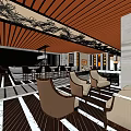 Elegant Outdoor Restaurant With Wooden Ceiling Lantern Lamps Tables Chairs And Pathway