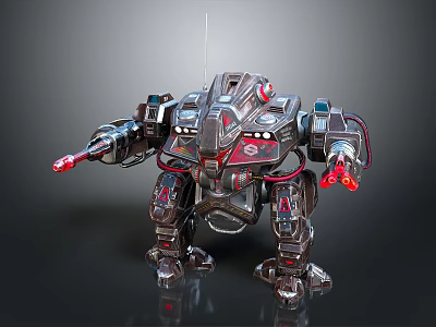 Sci Fi Bipedal Mechanical Robot Character With Red Weapon Arms And Metallic Armor 3d model