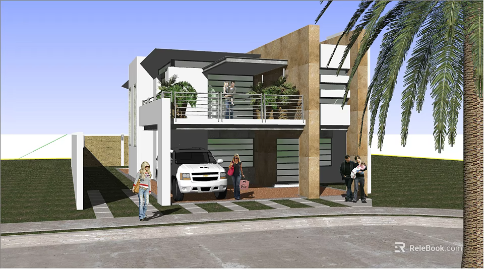 Modern Two Story Detached House With Garage White SUV Balcony Plants Palm Trees And People 3d model 