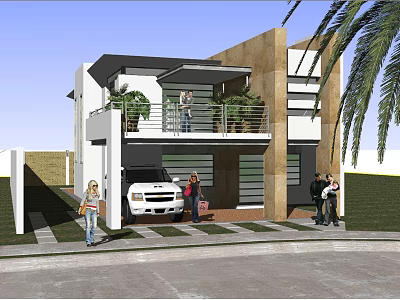 Modern Two Story Detached House With Garage White SUV Balcony Plants Palm Trees And People 3d model