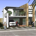 Modern Two Story Detached House With Garage White SUV Balcony Plants Palm Trees And People
