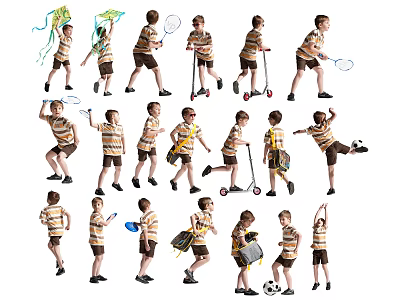 Group of Kids in Striped Shirts and Shorts Playing Badminton Flying Kites and Riding Scooters 3d model