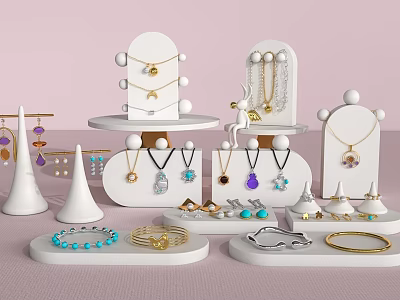 Elegant Jewelry Display On White Stands With Various Necklaces Bracelets And Gemstone Rings 3d model