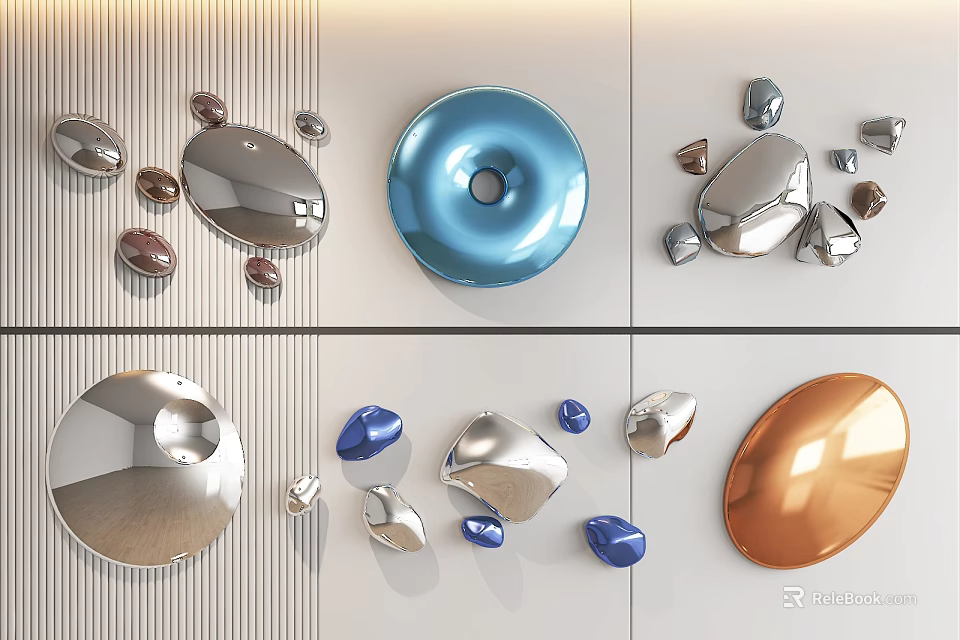 Decorative Pendants with Silver Blue Orange Metallic Texture Circular And Irregular Shapes 3d model