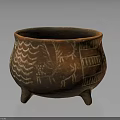 Ancient Brown Clay Pot With Three Legs And Decorative Surface Patterns