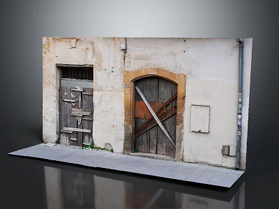 Old Weathered Building Facade With Wooden Doors Weathered Walls And Stone Steps 3d model