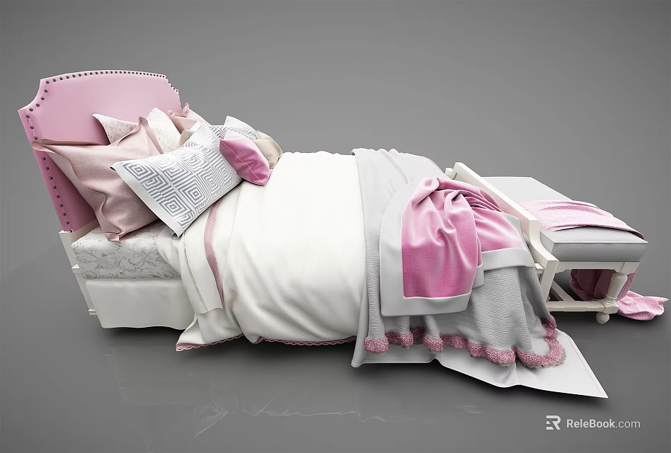 Double Bed With Pink Headboard Pink And White Pillows Bedspread Gray Blanket And Pink Footstool 3d model 