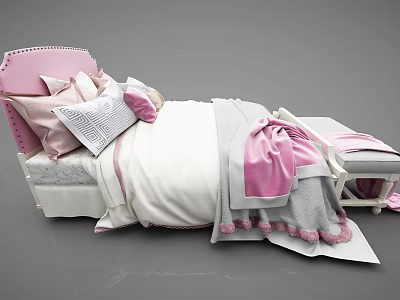 Double Bed With Pink Headboard Pink And White Pillows Bedspread Gray Blanket And Pink Footstool 3d model