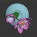 Two Pink Lotus Flowers With Green Leaves On Blue Decorative Base