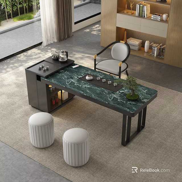 Tea Room Interior With Green Marble Tea Table Tea Sets White Stools And Chair 3d model 