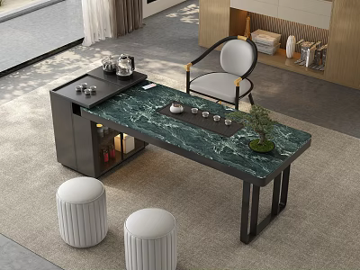 Tea Room Interior With Green Marble Tea Table Tea Sets White Stools And Chair 3d model