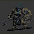 Game Fantasy Warrior Character With Blue Glowing Horns Metal Armor Axe And Shield
