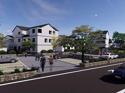 Modern Residential Scenic Wall Design With Green Plants And Pedestrian Area 3d model