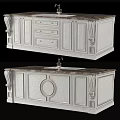 Elegant White Kitchen Cabinets With Carved Details And Marble Island Countertop